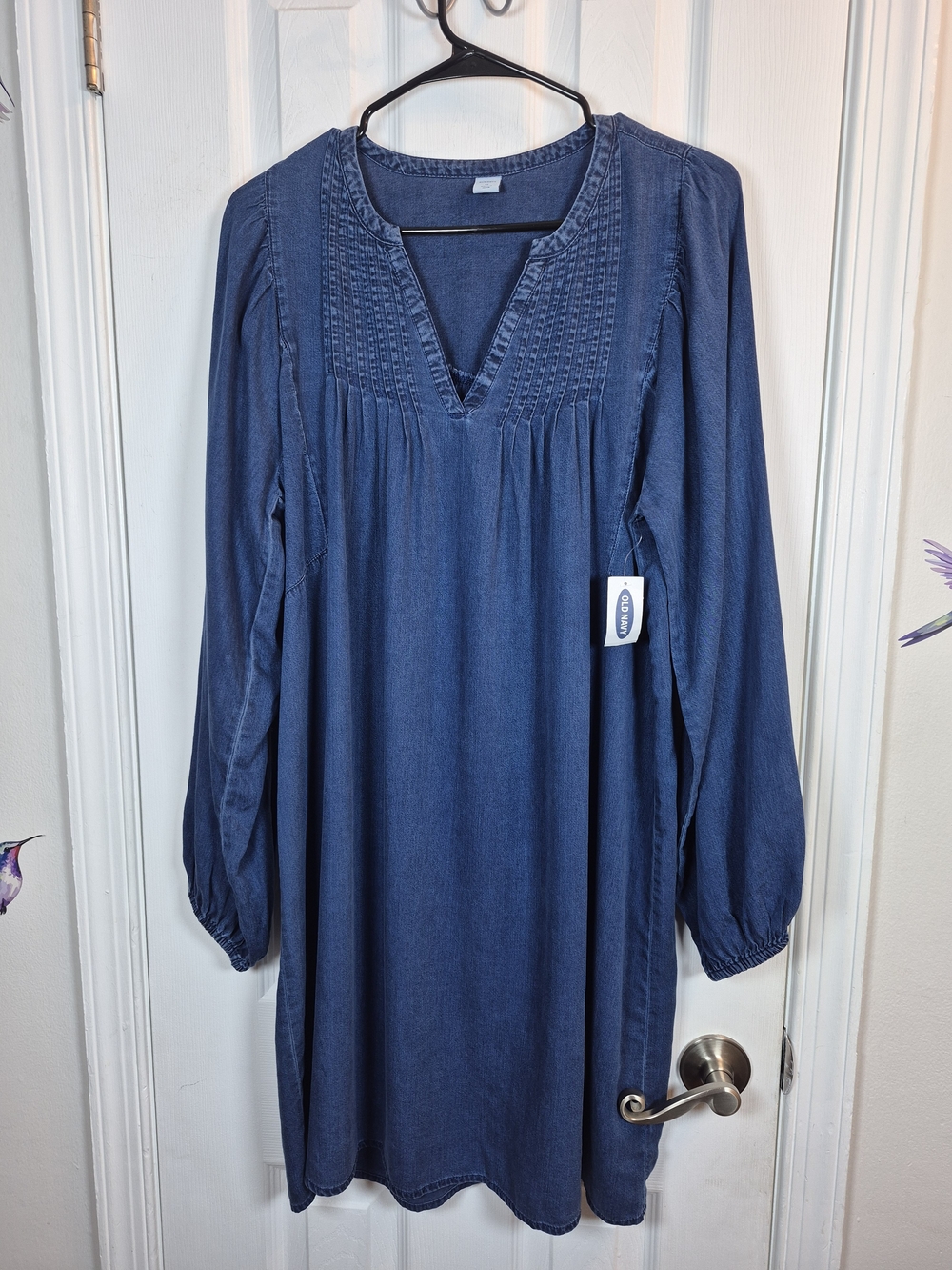NWT Old Navy Denim Shift Dress M Blue Chambray Pintuck Boho Fall Midi Mini